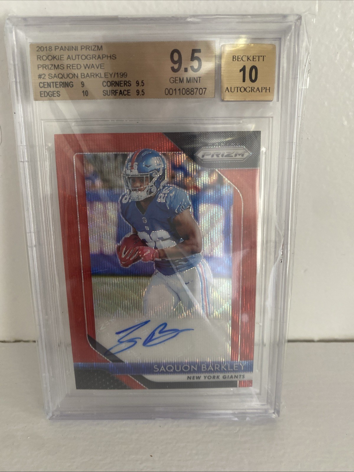 SAQUON BARKLEY BGS 9.5 2018 PANINI PRIZM #RA-SB ROOKIE RED WAVE AUTO RC 184/199
