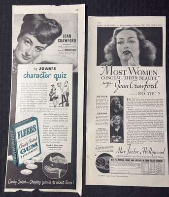 1935/46 FLEERS GUM & MAX FACTOR 5x13'' Print Ad VG+ 4.5 Joan Crawford LOT of 2