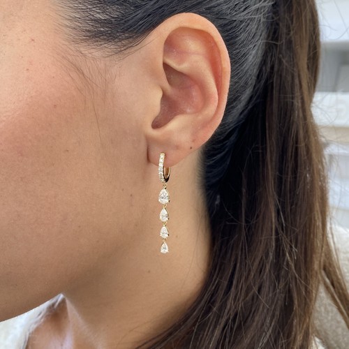 Diamond Hoop Earrings Pear & Round 2.44 Ct E-F VS1 Lab Created 14k Gold Drop - Picture 6 of 7