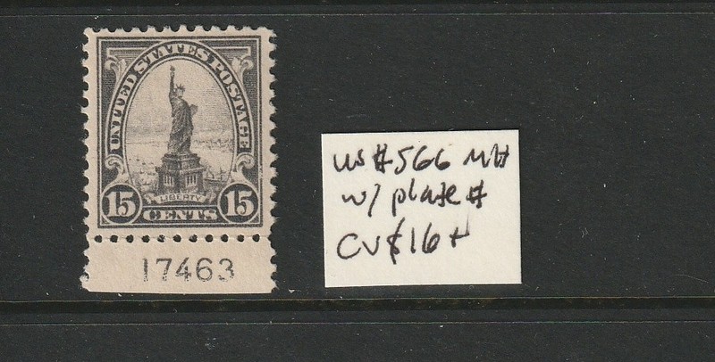 US #566 MH with plate # attached  CV $16+