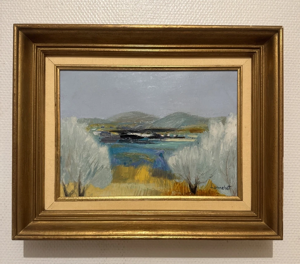 Tableau Ancien Paysage Encadré « La Plaine Bleu » Signé HEMERET - Titré Au Dos - Photo 2/4
