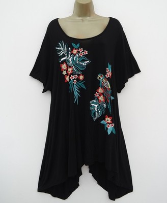 EVANS SCHWARZ JERSEY TASCHENSAUM BLUMEN VOGEL STICKEREI TUNIKA TOP GRÖSSE 22 24