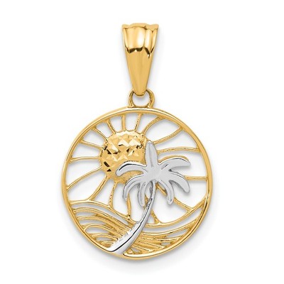 White Rhodium Ocean and Palm Tree Round Pendant 14k Yellow Gold Diamond-Cut