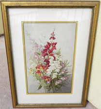 Original vintage floral still life watercolor painting of garden snapdragons