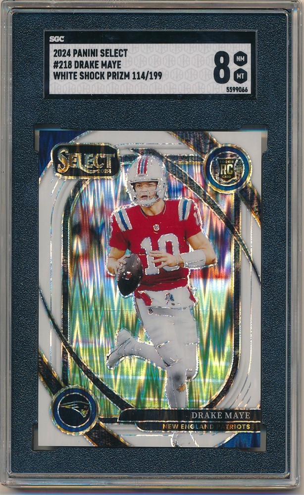 DRAKE MAYE 2024 PANINI SELECT 218 RC ROOKIE WHITE SHOCK PRIZMS PATRIOTS SP #/199