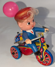 Vintage Tin Toy Bike Happy Days Mechanical Boy Tricycle Wind Up works With Box