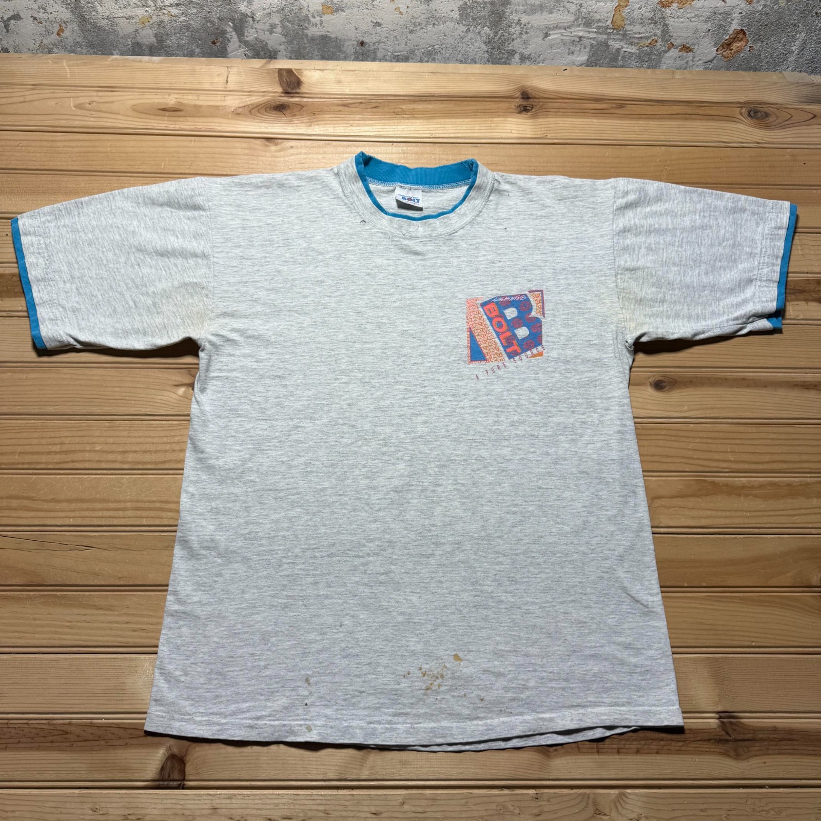 Vintage 80s Lightning Bolt A Pure Source Graphic Heather Ringer Shirt USA Large