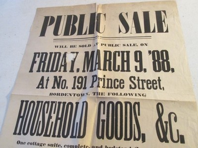 Antique Broadside 1888 Public Auction Advertisement Bordentown NJ 14'' X 18''