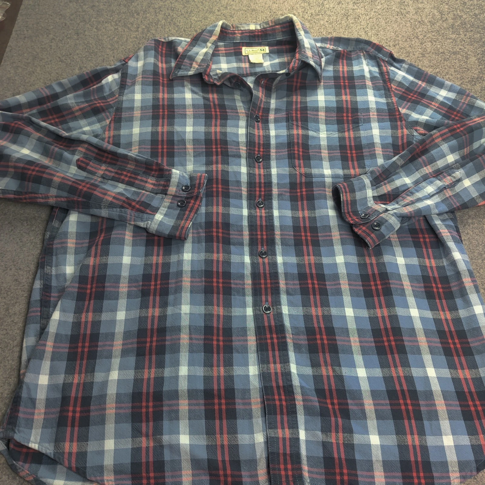 LL Bean Flannel Shirt Men Large Tartan Plaid Blue Pocket Casual Outdoors Camp