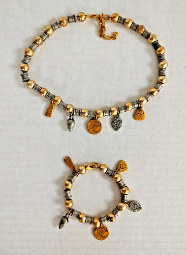 Vtg Liz Claiborne Necklace-Bracelet Set Silver Gold Tone Beads Charms Pendants