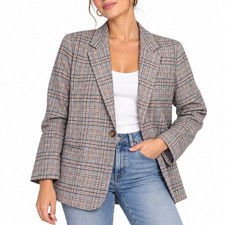 J Jill Blazer Women Medium Petite Tan Navy Plaid Glen Check Career Professional