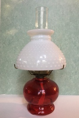 VTG  Ruby Red  Hurricane Oil Lamp Eagle Burner w/Milk Glass Hobnail Shade
