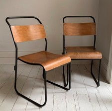 2 x Vintage Stacking Chairs - Ply Wood Seats, Black Tubular Metal Frame By Dual