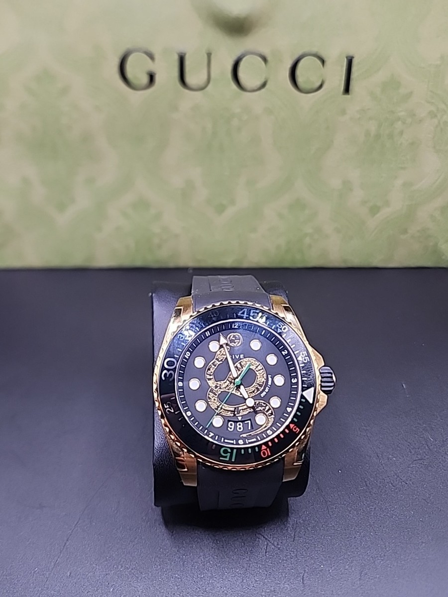 Gucci Dive Snake Watch YA136219 Gold Tone Rubber Strap 987 Dial w