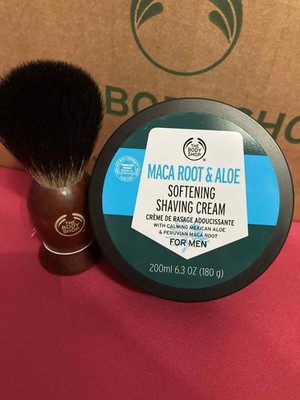 The Body Shop MACA ROOT & ALOE Softening Shaving Cream & Brush,  6.3 oz., NEW