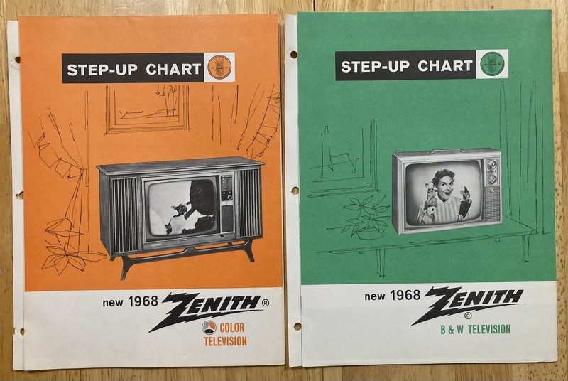 Two Orig. 1968 Zenith TV Step-Up Charts 1 B &W. 1 Color. All Models For 1968