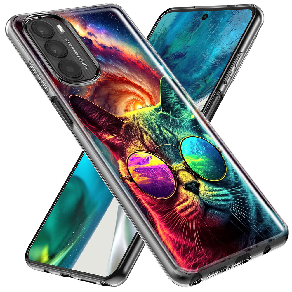 【ねこ】 For Motorola Moto G Play 2023 Shockproof Neon Rainbow Galaxy Cat