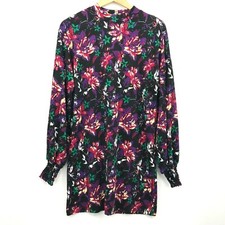 Zara Trafaluc Floral Long Smocked Sleeve Mock Neck Dress Black Multicolor Small