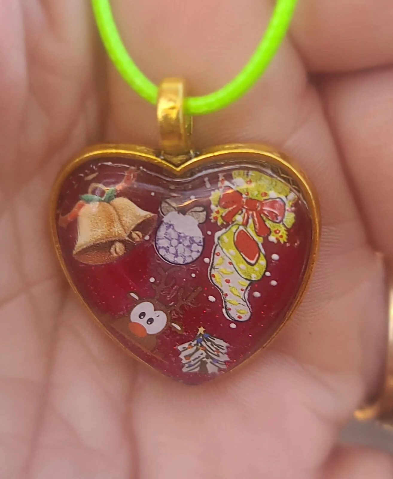 Holiday Necklace with Christmas Bells Reindeer Rudolf Pendant and Stocking Charm