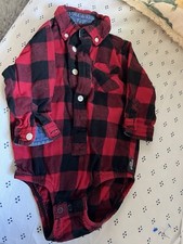 OshKosh baby boy's 1-pc flannel plaid bodysuit red/Black 18 Mo long sleeve