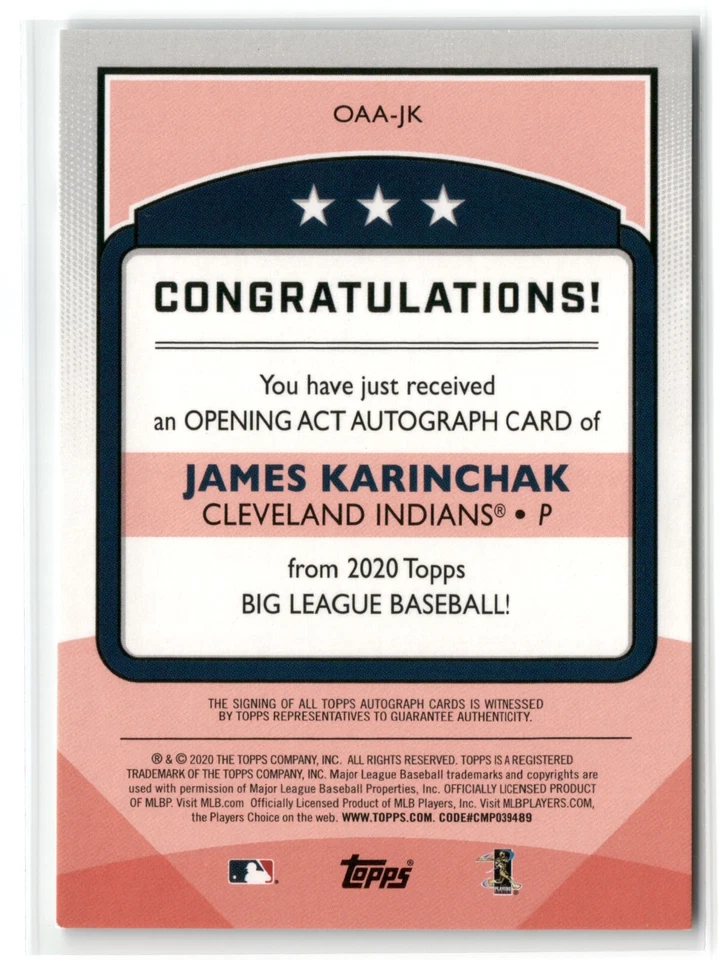 2020 Topps Big League Opening Act Auto James Karinchak #OAA-JK Indians RC - Image 2 of 2