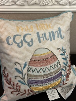 MY LITTLE EGG HUNT Embroidered Beaded Easter Throw Pillow 10 x10 