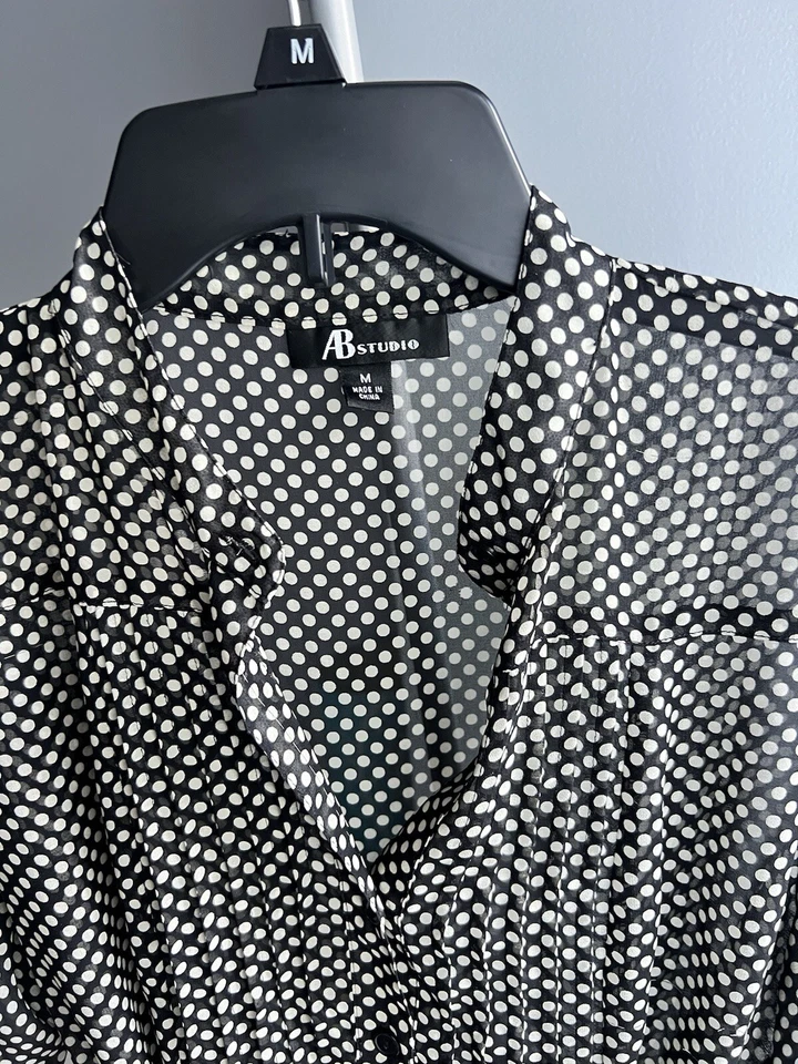 AB Studio Women’s Top Size Medium Black Polka Dots Collar Buttons Waist Sheer - Image 4 of 4