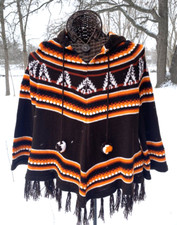 VTG 1970s Boho Shawl Cape Sweater with Sleeves Fringed Brown Orange White