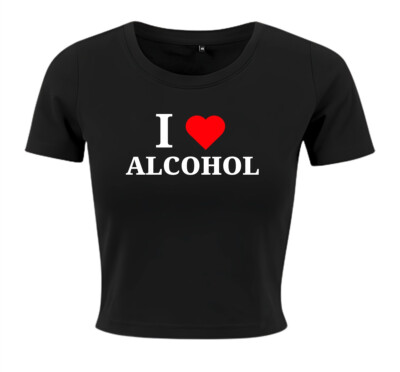 bauchfreies Ladies Cropped Tee Shirt mit Druck I LOVE ALCOHOL