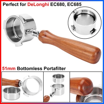 For DeLonghi EC680,EC685 51mm Wood+Stainless Steel Coffee Bottomless Portafilter