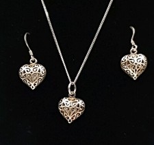 Heart Pendant & Earrings Set Sterling Silver Hallmarked Puffy Optima Open Work