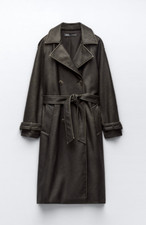 Zara Distressed Leather Effect Trench Coat Collared Brown Black Xs Extra Small