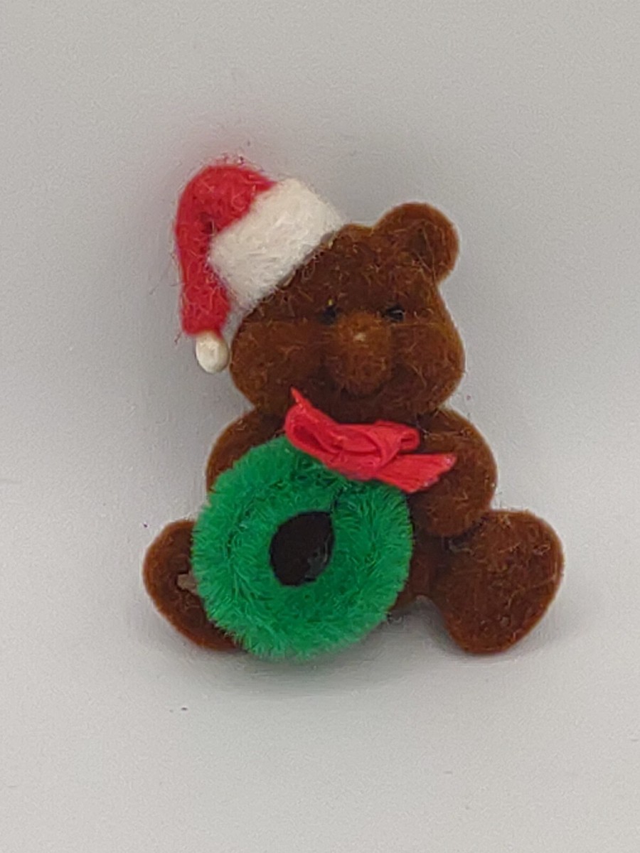 Vtg Flocked Xmas Teddy Bear Pin decor miniature 1983 Taiwan Fuzzy