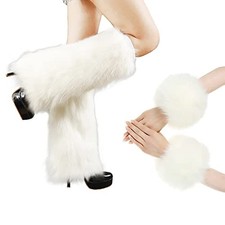 Women White Faux Fur Leg Warmer  Wrist Cuffs Set, Fluffy Long Boot White Set