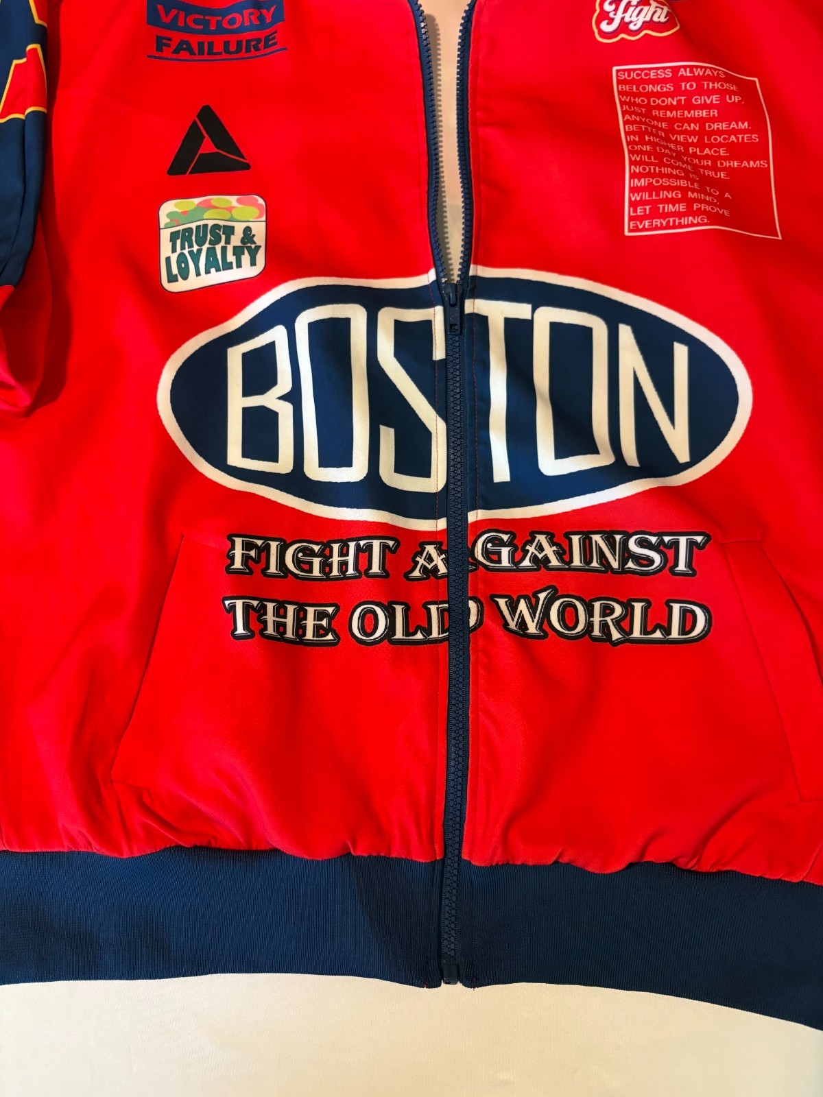 SHEIN Boston Fight Red Zip Jacket Size M Graphic Patch Streetwear Statement Rare image 2