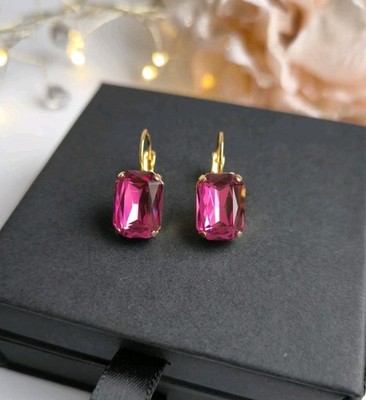 Vergoldene Ohrringe mit Swarovski Fuchsia Octagon Crystal, Damen Schmuck Geschen