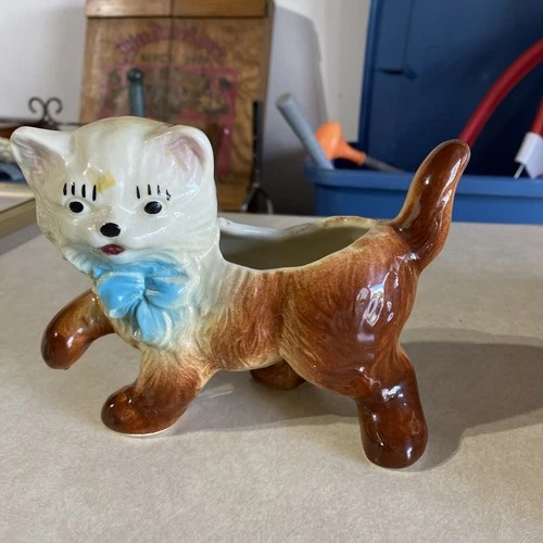 Shawnee Pottery  1950's Walking Kitten Cat Planter Blue Bow