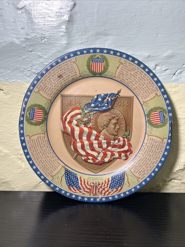 Antique Francis Scott Key Flag CD Kenny Coffee Tea Advertising Tin Litho Plate