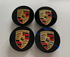 76mm Porsche Center Caps Concave Gloss Black Color Crest (Set Of 4)