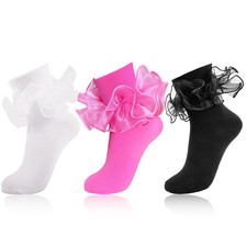 Women Big Ruffle Ankle Socks Double Lace Frilly Dress Socks with Bow Cute Crew