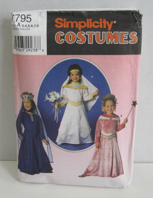 Simplicity Costume 7795 Renaissance Queen, Bride, Princess Pattern Girls 3-8 Cut