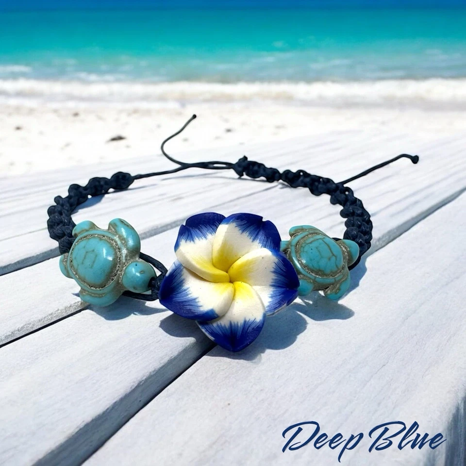 Handmade Hawaiian Plumeria Flower & Turtle Bracelet – Adjustable Tropical Anklet - Image 4 of 4