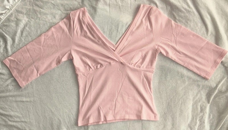 Women’s Pink Solid V-Neck 3/4 Sleeve Cropped Pullover Top Size S