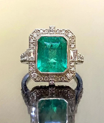 Vintage Art Deco Colombian Emerald Lab Diamond Engagement 14K White Gold FN Ring
