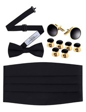 Black Bowtie, Cummerbund, Cufflinks  Studs Set   Classic Formal Black/Gold