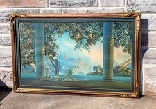 Antique Large Maxfield Parrish Daybreak Print, Original Blue & Gold Frame, Glass