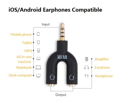 3.5mm Jack Audio Splitter Adapter Support Mic For Xiaomi Redmi 10 Note 11 S Pro