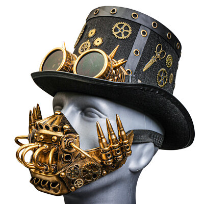 Black Steampunk Spike Goggle Top Hat w/ Gold Robot Mask Halloween Party Costume