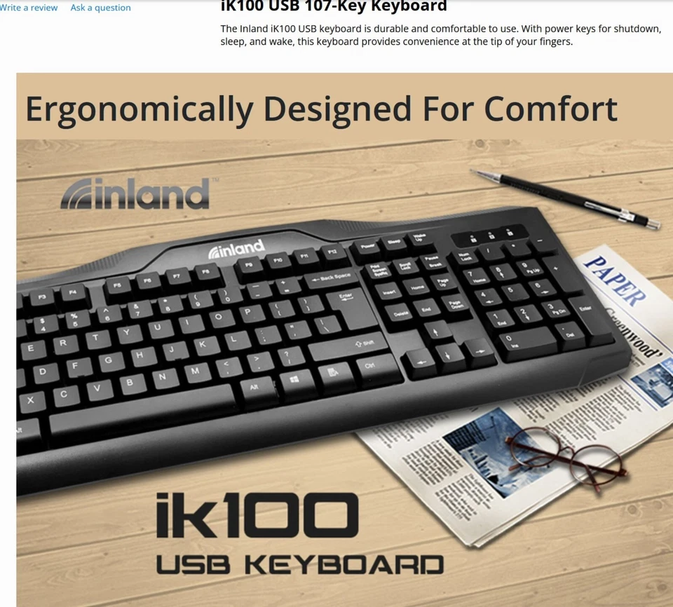 INLAND KEYBOARD iK100 USB 107-KEY WIRED KEYBOARD SILENT BY GENESIS POWER PC NEW - Image 3 of 4