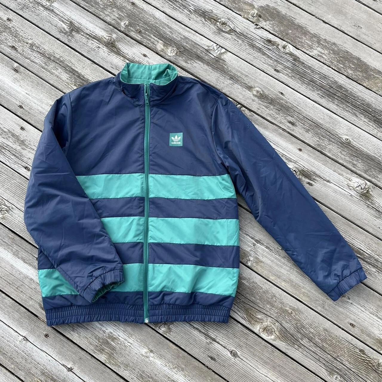 navy blue/green striped reversible adidas zip up windbreaker jacket